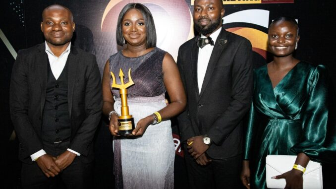 Left: Emeka Kalu Michael, Events and Activation Officer, Adebola Adeyinka, Assistant Marketing Manager; Adedotun Ajibade, Media & Insight Manager and Aderonke Adekunle, Social Media Officer, Rite Foods Limited; with the "Outstanding New Product of the Year - Juice" Award plaque won by the premium Sosa Fruit Drink of Rite Foods Limited at the Marketing Edge Advertising Excellence Awards in Lagos, on Saturday, 16 September, 2023.